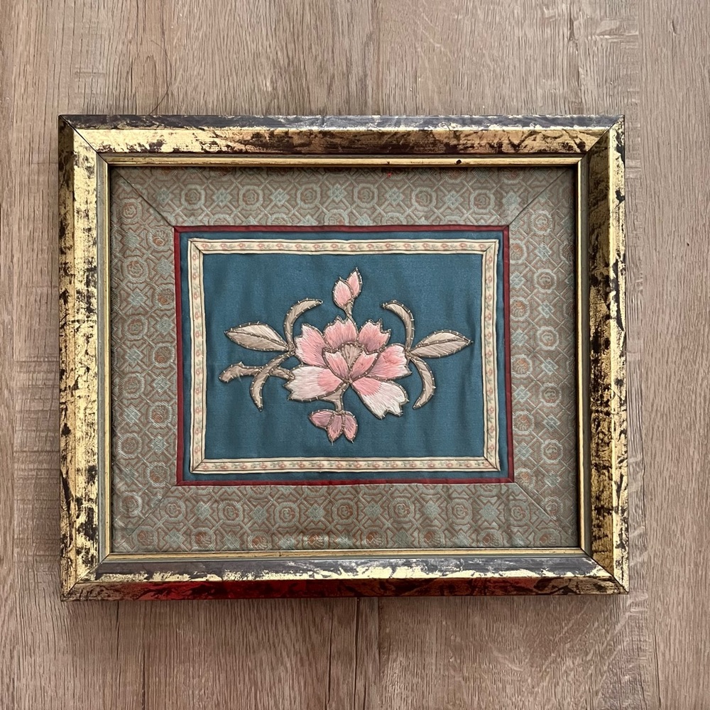 Antique‎ Chinese Embroidered Framed Tapestry Fabric Silk Pink Peony #2